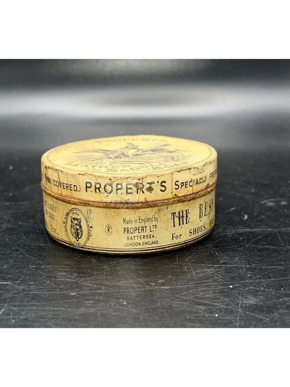 Properts Leather And Saddle Soap Tin Vintage England Battersea Rusty Crusty